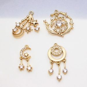 Gold-plated star and moon jewelry charms with sparkling cubic zirconia for DIY accessories
