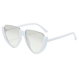 Futuristic white cat-eye sunglasses with grey translucent lenses and V-shape frame