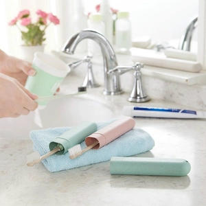 Portable wheat straw toothbrush case in mint green and pink for travel storage
