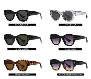 Collage showing six color variations of oval marble patterned narrow frame sunglasses