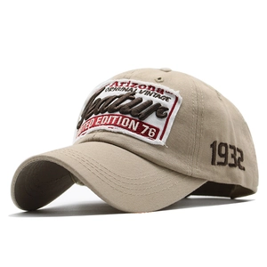 Khaki vintage baseball cap with 1932 embroidery and Arizona patch in a 45-degree side view