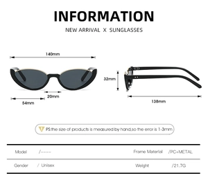 Specifiche dettagliate delle dimensioni per occhiali da sole cat eye con montatura in PC e metallo