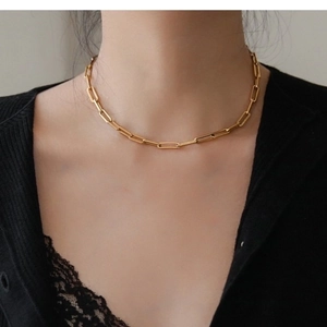 Elegant 18K gold plated paperclip link chain necklace worn by model over black lace outfit