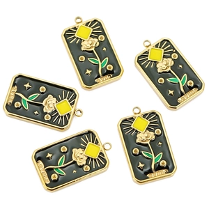 Tarot style rectangular enamel flower pendant with golden frame and Lovers engraving