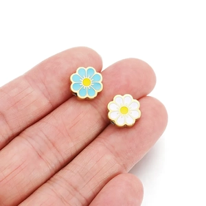 Daisy stainless steel flower beads for DIY jewelry making in sky blue and white enamel