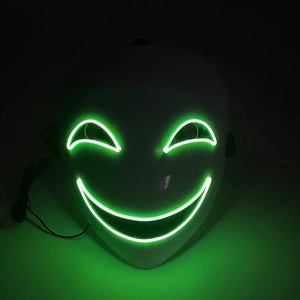 Detail of white LED smile mask featuring sharp green electroluminescent wire in the dark