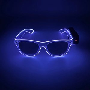 Detail view of purple and blue EL wire lighting on transparent LED glowing party glasses