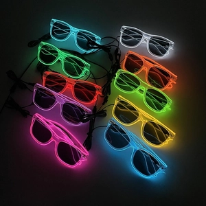 Collection of ten colorful LED neon glasses in a dark setting for parties and clubs