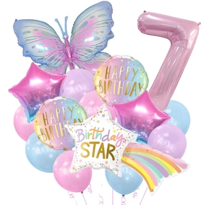 Detail of butterfly birthday balloon set with pink purple latex and star foil balloons