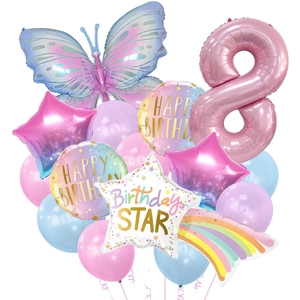 Detail of butterfly balloon and large pink number 8 with macaron latex balloon set
