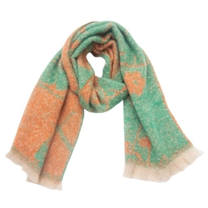 Detail of green and orange jacquard floral scarf with beige fringe and plush texture