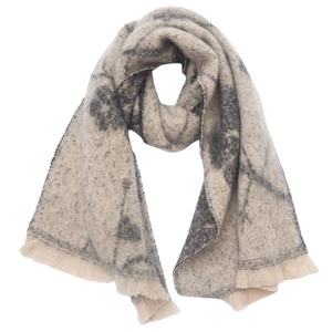 Detailed view of grey and white floral jacquard scarf featuring delicate short fringes