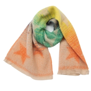 Detail of multi-color gradient knit scarf featuring star patterns and boucle texture