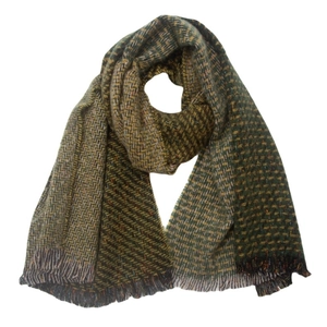 Detail of color-block knit scarf with earth-tone green and brown tassels