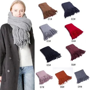 Thick solid color long tassel knitted scarf in multiple autumn winter shades for unisex