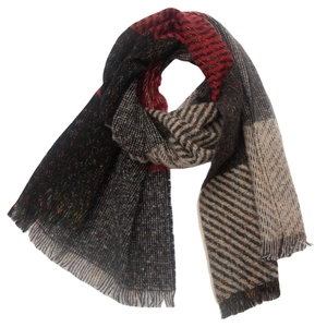 Detailed close-up of multi-color plaid scarf featuring soft knit texture and fringe edges