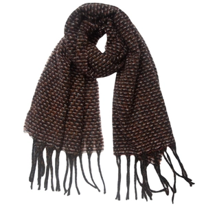 Close-up of knit scarf texture in dark brown and black blend with long fringe edges