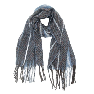 Detailed close-up of dark grey knit scarf featuring blue stripes and soft fringe tassels