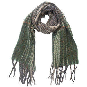 Detail shot of multi-color gradient scarf featuring green plaid patterns and soft tassels