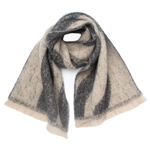 Detail of soft beige boucle jacquard scarf with dark grey abstract patterns