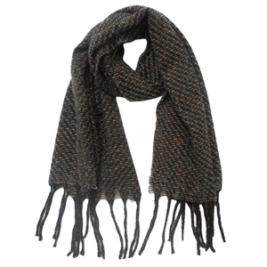 Detail of dark grey knit scarf with herringbone pattern and decorative fringe ends