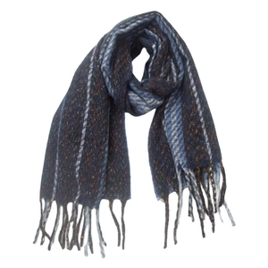 Detailed view of dark blue striped knit scarf with decorative fringe tassels on white background