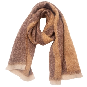 Close-up of soft brushed brown and camel striped scarf texture with neat edge stitching