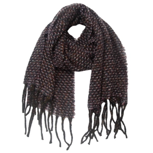 Detailed close-up of woven scarf texture with dark blend yarn and fringe tassels