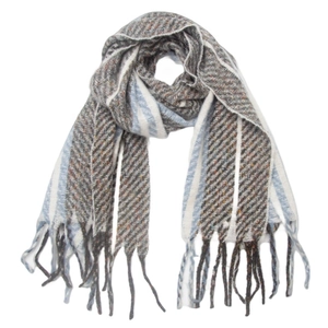 Detail of striped knitted scarf with herringbone texture and fringe in grey, white, and blue
