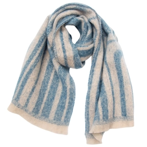 Detailed texture of blue and beige vertical striped knit scarf on a white background
