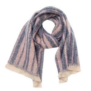 Detail of blue-grey and beige striped scarf with soft fringe and textured knit