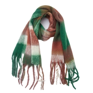 Close-up of thick checkered scarf with green and brown tassels and wool texture