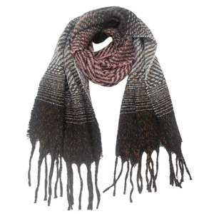 Detailed view of winter knit shawl scarf with pink gradient and long fringe tassels