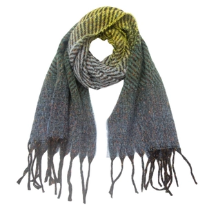 Close-up of knit scarf showing multicolor gradient texture and delicate fringe details