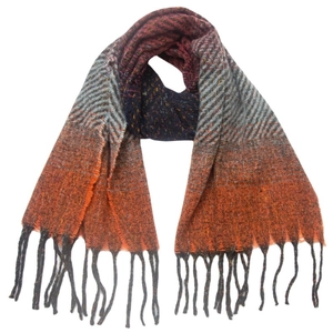 Detail of herringbone and striped knit scarf with wine red fringe and metallic shimmer