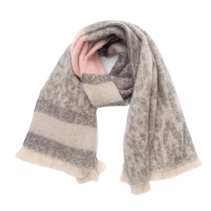 Detail of winter scarf featuring leopard print, stripes, and soft fringed edges