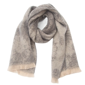 Detail of grey floral jacquard scarf with soft fringe trim and abstract ink pattern
