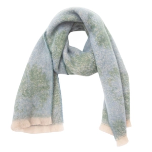 Close-up of soft blue and green tie-dye scarf with beige ribbed edge detail