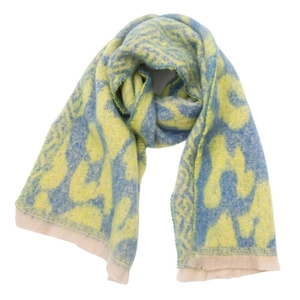 Detail shot of yellow and blue abstract animal print scarf with soft fringe edges