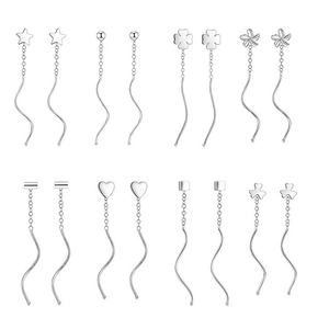 Minimalist S925 sterling silver wave threader earrings with varied geometric charms