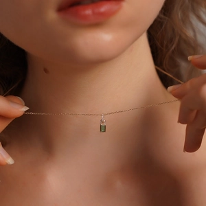 Elegant S925 silver 18K gold plated necklace with a green rectangular emerald pendant