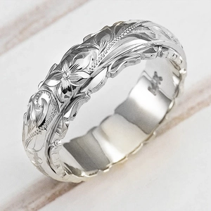 Handgegraveerde 14K zilveren ring met Hawaiiaanse bloemenpatronen voor huwelijken