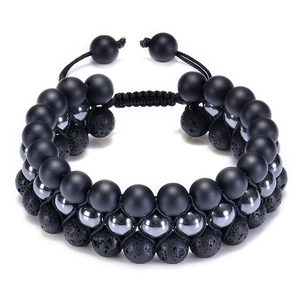 Triple Row Natural Stone Bracelet Lava Rock Matte Agate Hematite Adjustable Handmade Beaded Jewelry For Men Women