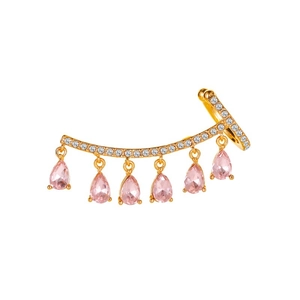 Golden drop tassel ear cuff earrings with pink gemstones and zircon stones for women