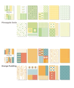 Detailed view of scrapbooking paper packs in pineapple soda and orange cream colors