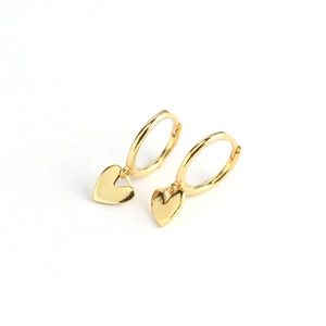 Minimalist S925 sterling silver golden heart pendant hoop earrings on white background