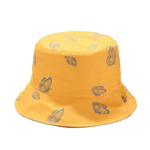 Chapeau bob jaune pour femme avec imprimé papillon bleu, protection solaire d'été pliable