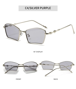 Detail view of silver metal sunglasses with purple lenses and unique wavy temple design