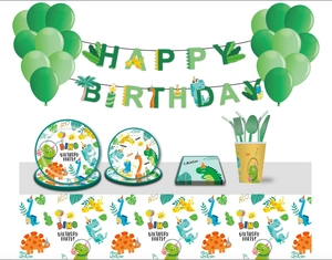 Detailed dinosaur party tableware set with plates, cups, and happy birthday banner