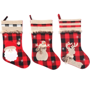 Set of 3 red black plaid Christmas stockings with Santa, Snowman and Reindeer patterns